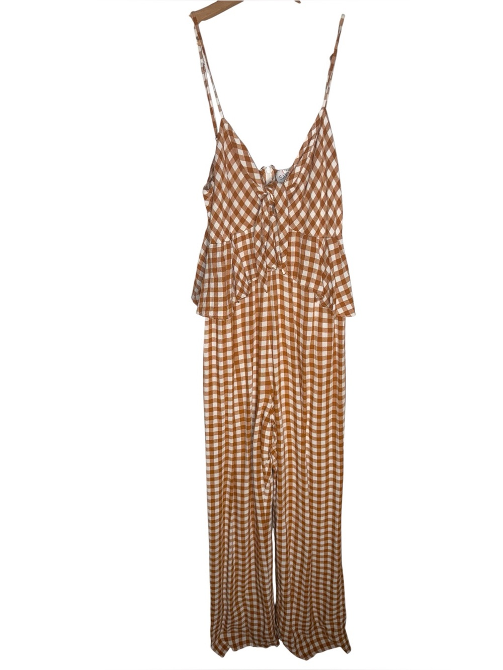 Saylor Gingham Jumpsuit Brown Wide Leg Tie Front Strappy Size L NWT - Picture 3 of 8